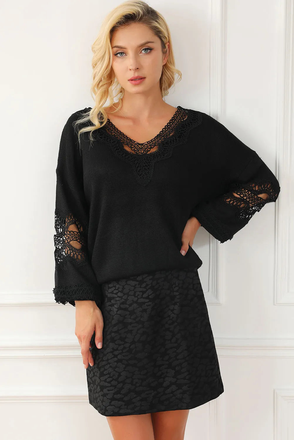 Black Hollowed Lace Splicing V Neck Loose Sweater - Chic Meadow Boutique 