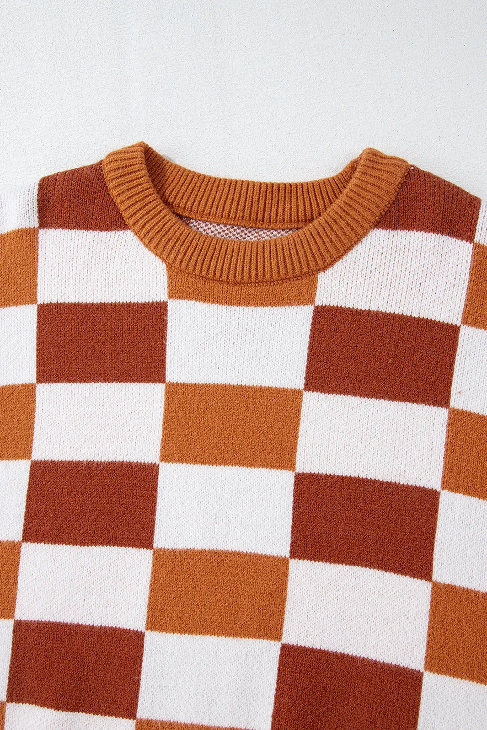 Orange Checkered Ribbed Edge O Neck Drop Shoulder Sweater - Chic Meadow Boutique 