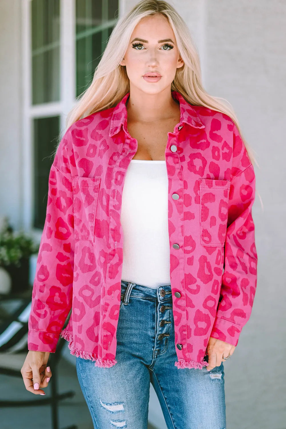 Outerwear/Denim jackets Pink Leopard Print Button Cuffs Raw Hem Jacket