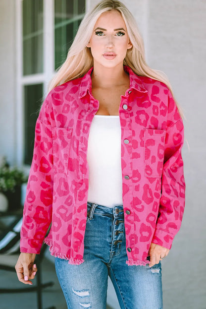 Pink Leopard Print Button Cuffs Raw Hem Jacket - Chic Meadow Boutique 