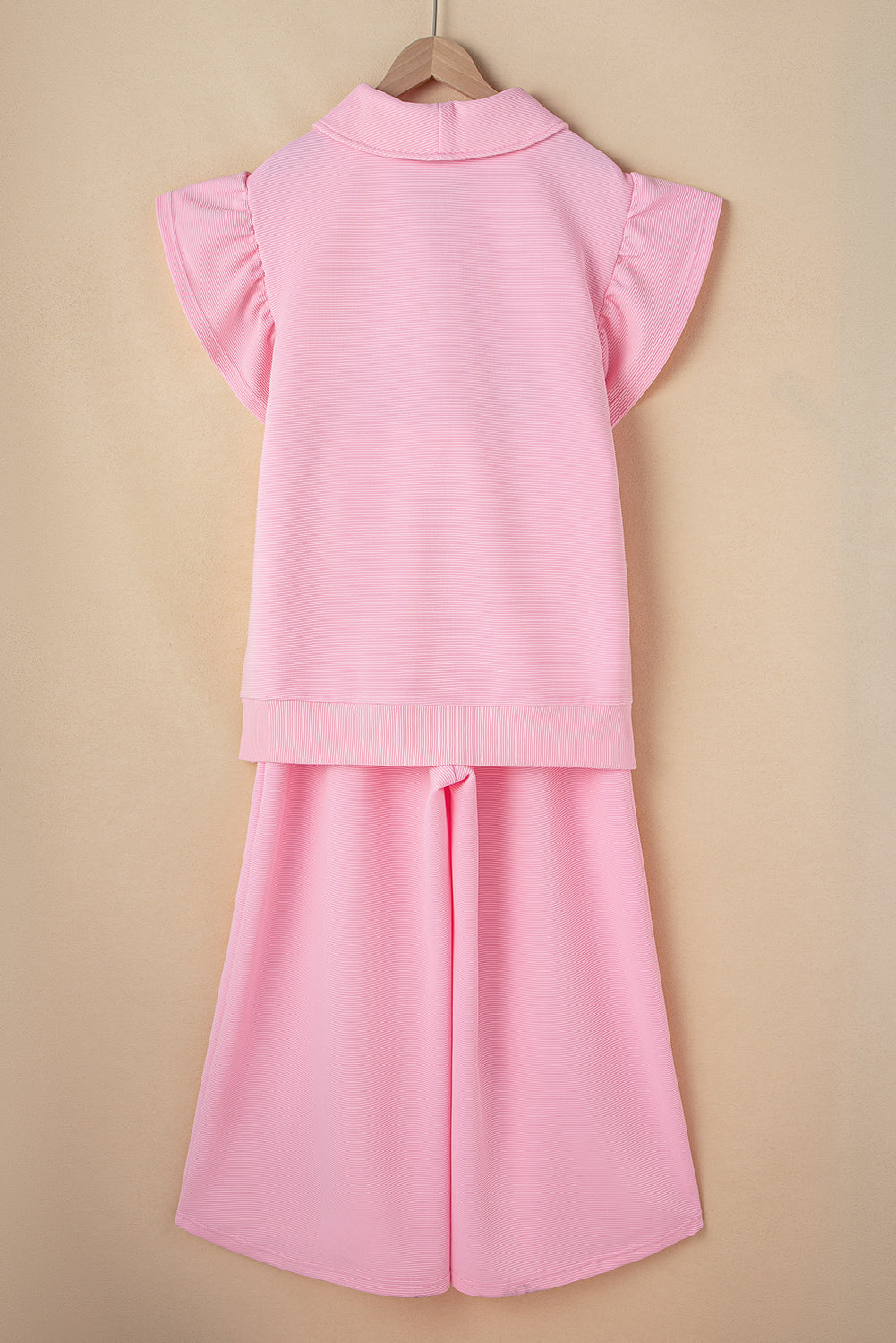 Pink Textured Ruffled Sleeve Zipped Top and Wide Leg Pants Set