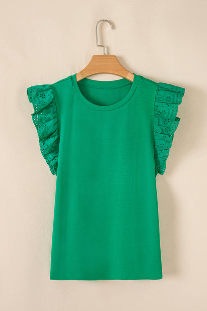 Dark Green Embroidered Ruffled Sleeve Slim Fit Crew Neck Top