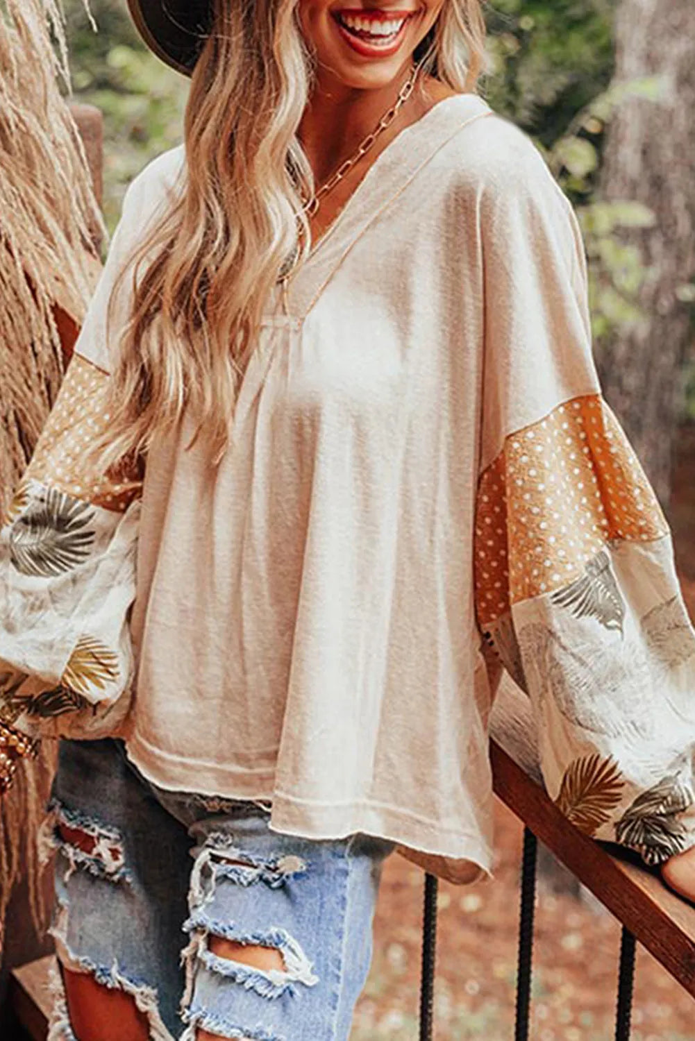 Jet Stream Palm Leaves Polka Dot Puff Sleeve Patchwork V Neck Loose Blouse - Chic Meadow Boutique 