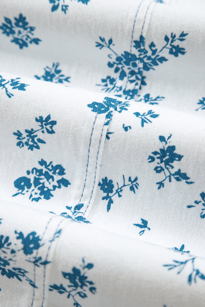 Sky Blue Floral Print Tie Waist Straight Leg Jeans