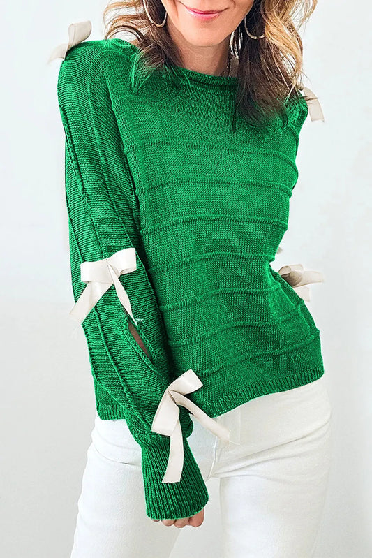 Bright Green Bow Knot Cut Out Round Neck Loose Sweater - Chic Meadow Boutique 