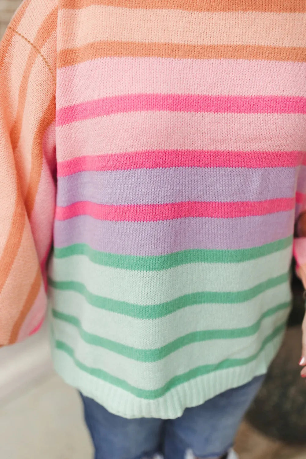 Pink Stripe Color Block Balloon Sleeve Crewneck Plus Size Sweater - Chic Meadow Boutique 