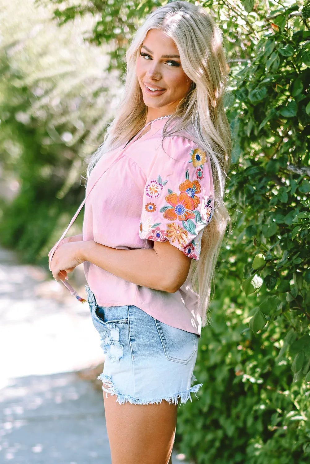 Pink Floral Embroidered Puff Sleeve Split Neck Blouse - Chic Meadow Boutique 