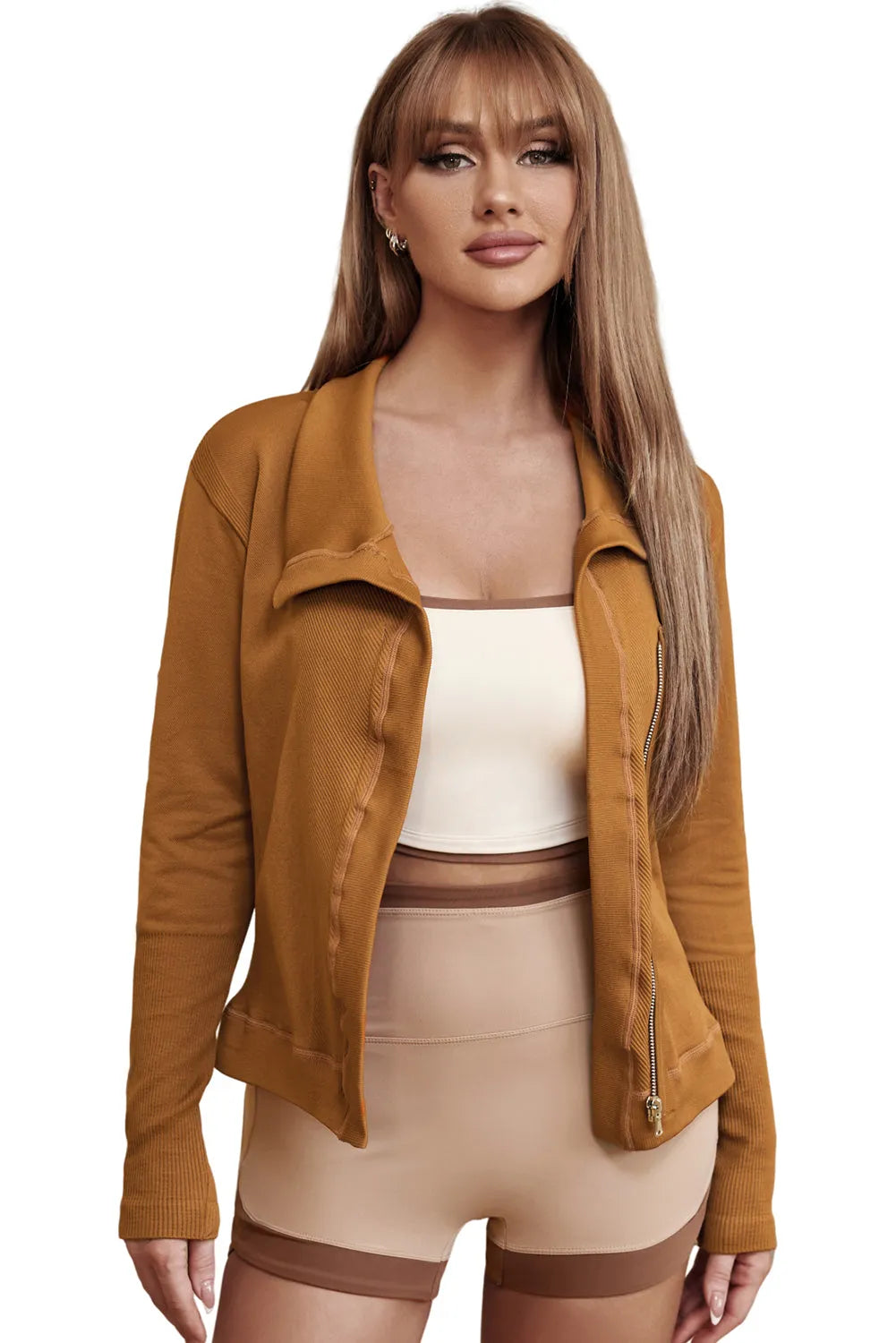 Brown Collared Asymmetric Ribbed Detail Motor Jacket - Chic Meadow Boutique 