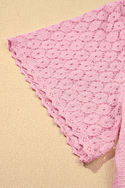 Pink Lace Splicing Button Cutout V Neck Waffle Knit Blouse