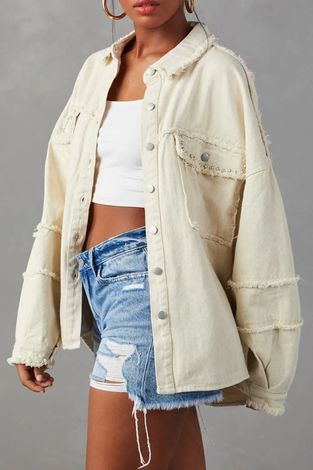 White Frayed Exposed Seam Denim Jacket - Chic Meadow Boutique 