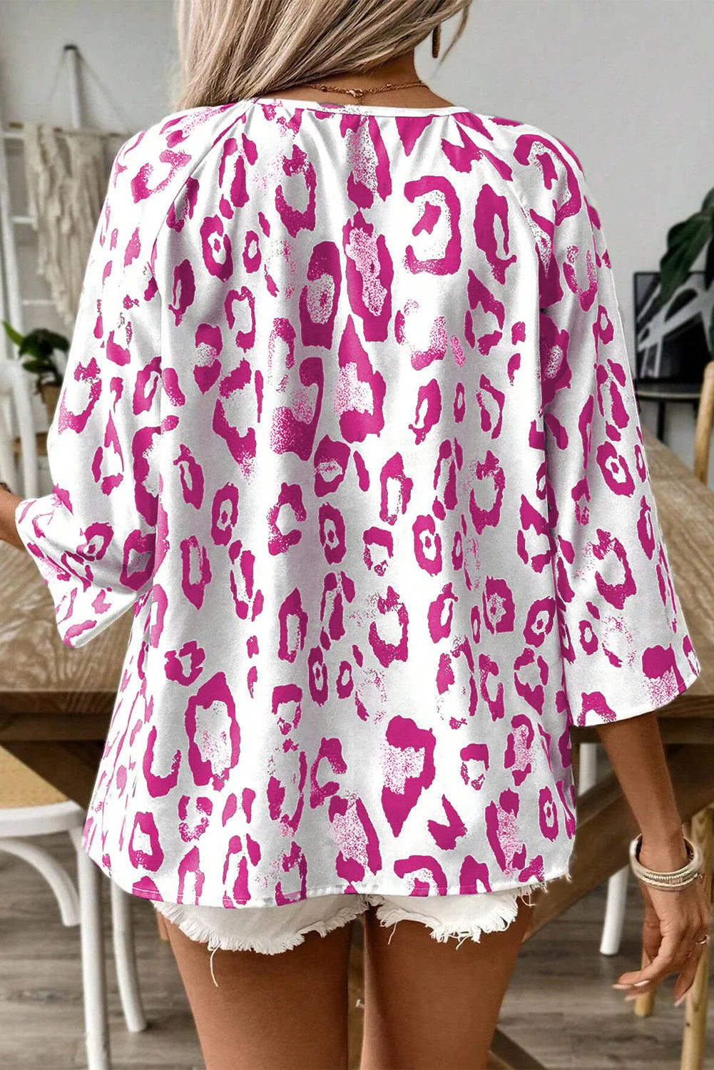 Rose Leopard Print Ruched V Neck 3/4 Sleeve Blouse - Chic Meadow Boutique 