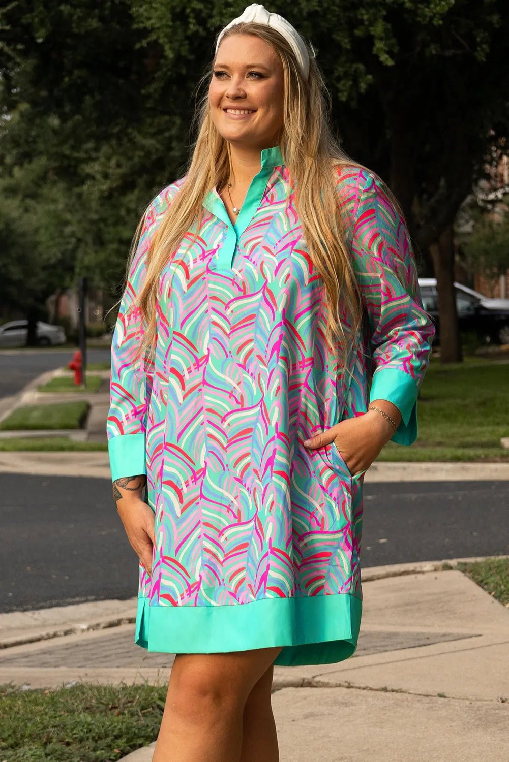 Green Plus Size Palm Pattern Long Sleeve Shift Dress - Chic Meadow Boutique 