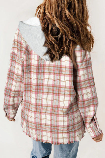 Multicolour Plaid Flap Pocket Hooded Raw Hem Jacket - Chic Meadow Boutique 