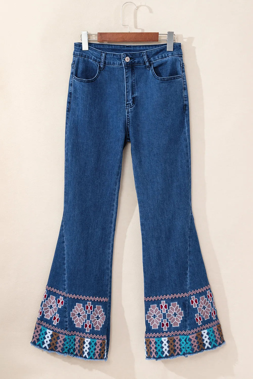 Ashleigh Blue Geometric Embroidered Raw Hem Flared Jeans - Chic Meadow Boutique 