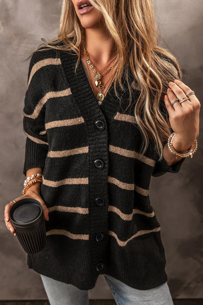 Black Stripe Buttoned V Neck Drop Shoulder Loose Cardigan - Chic Meadow Boutique 