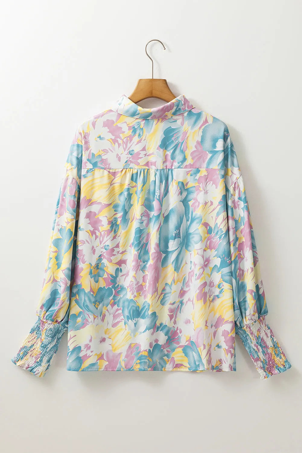 Yellow Floral Allover Print Shirred Cuff Oversized Shirt - Chic Meadow Boutique 