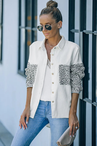 White Contrast Leopard Denim Jacket - Chic Meadow Boutique 