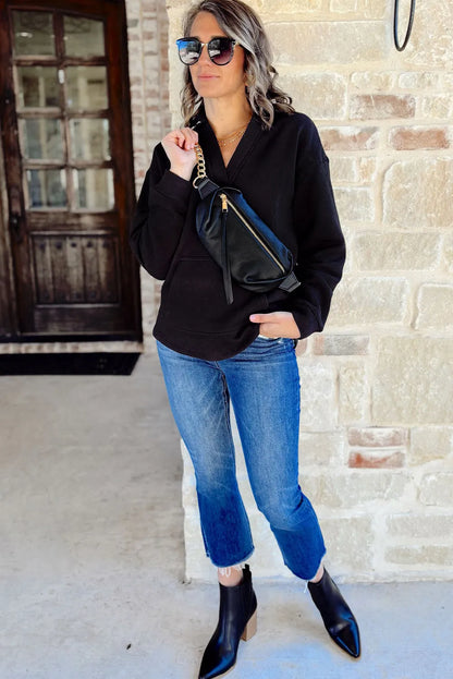 Black V Neck Collared Kangaroo Pocket Sweatshirt - Chic Meadow Boutique 