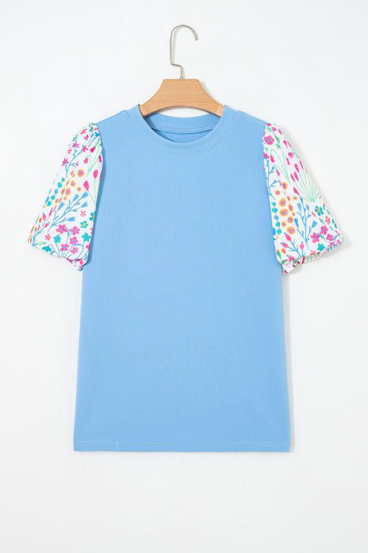 Light Blue Round Neck Textured Contrast Floral Bubble Sleeve Blouse