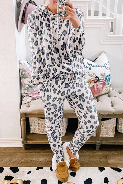 Khaki Leopard Print Drawstring Hoodie and Skinny Pants Pajama Set - Chic Meadow Boutique 