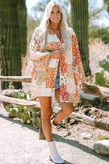 White Boho Patchwork Floral Open Front Kimono - Chic Meadow Boutique 