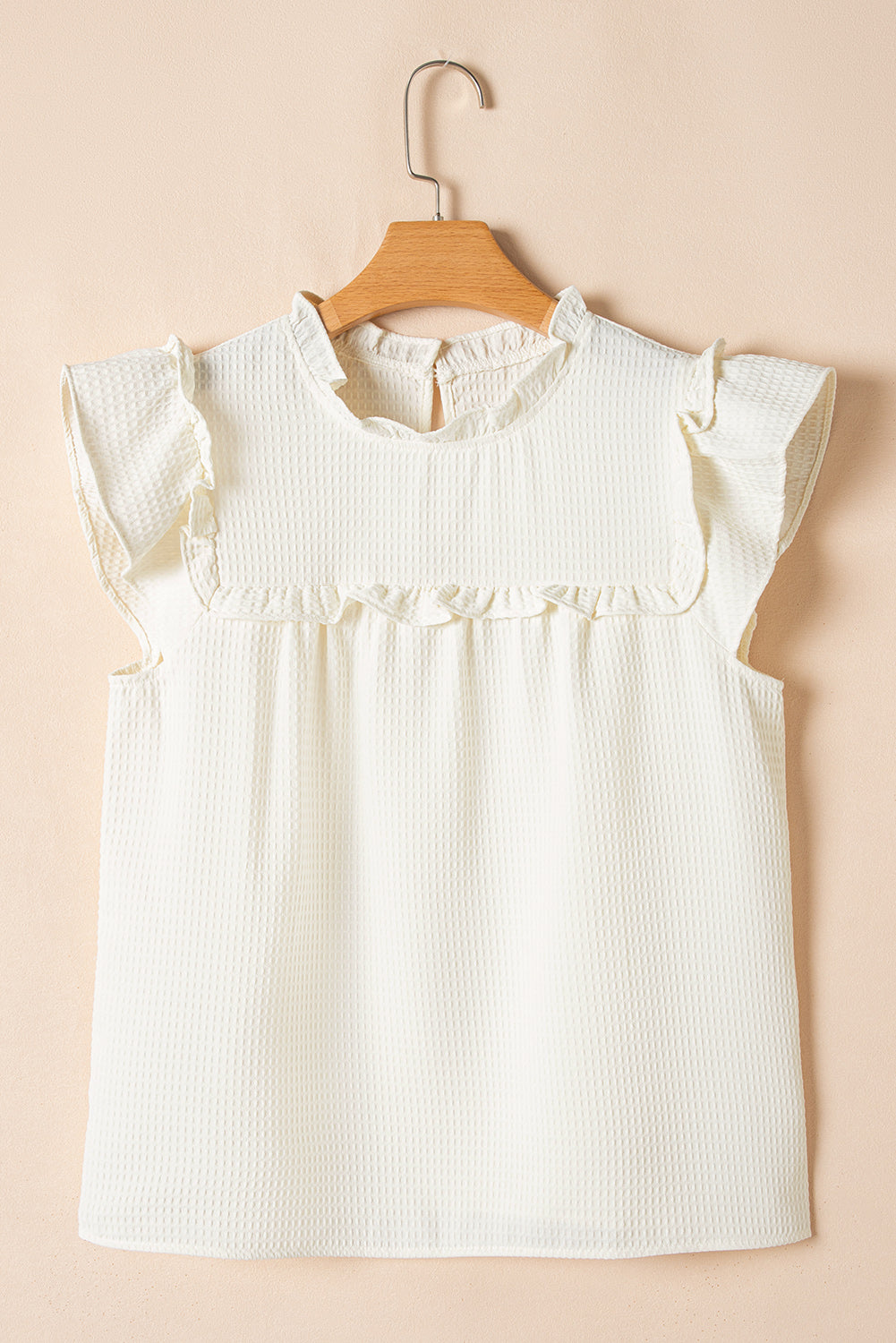 White Solid Color Ruffle Trim Waffle Knit Blouse