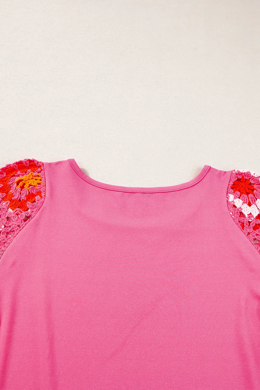 Strawberry Pink Floral Crochet Short Sleeve Top - Chic Meadow Boutique 