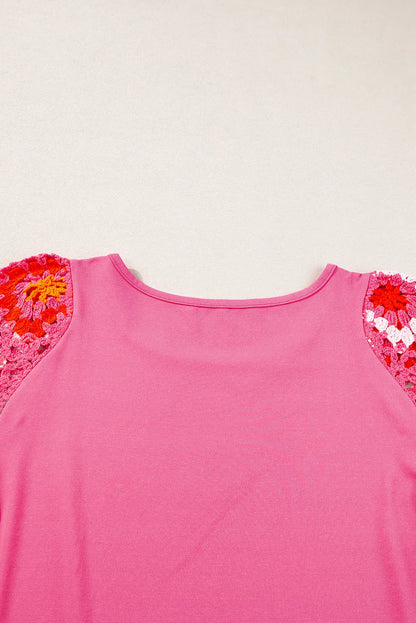 Strawberry Pink Floral Crochet Short Sleeve Top - Chic Meadow Boutique 