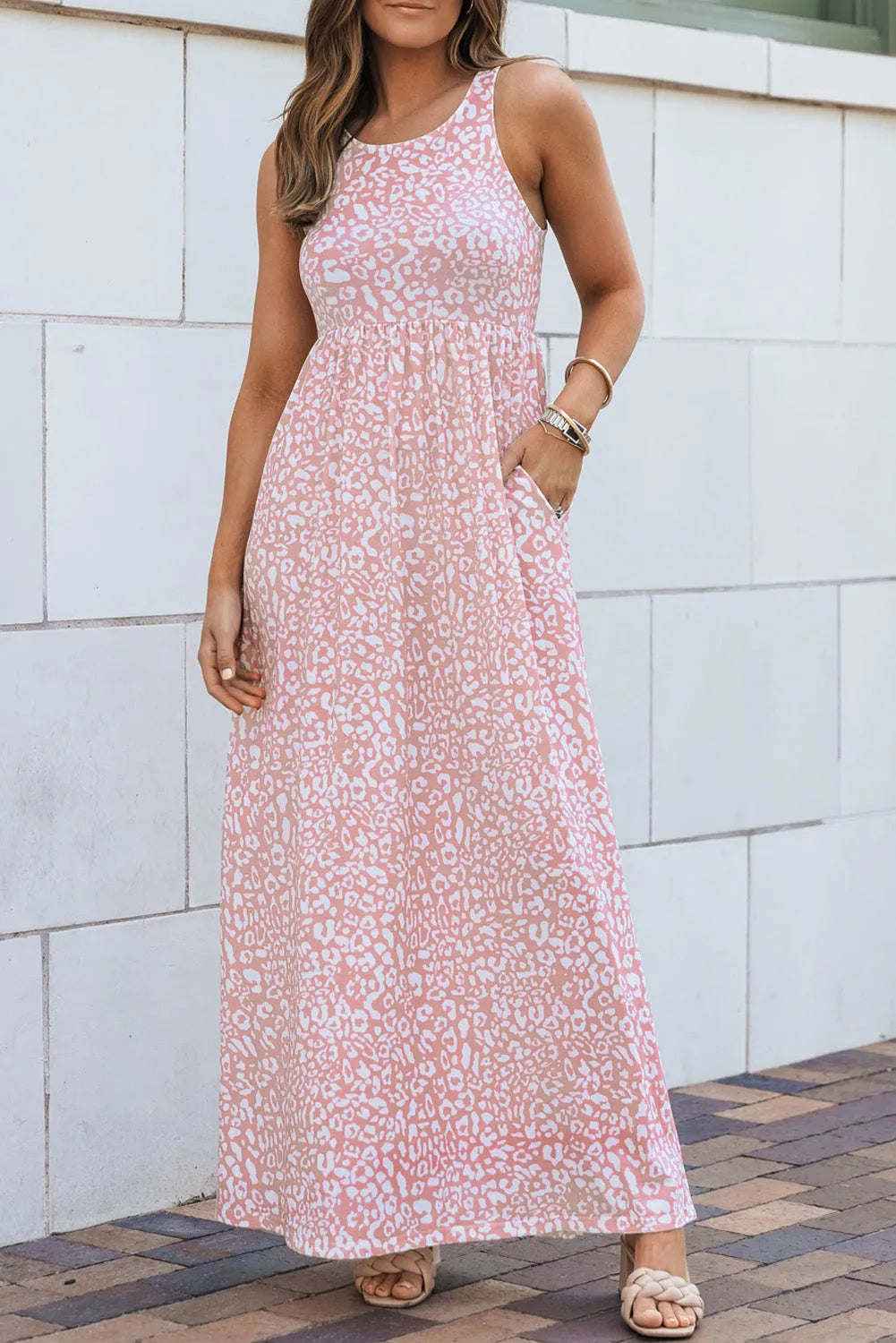 Pink Leopard Print Pocketed Sleeveless Maxi Dress - Chic Meadow Boutique 