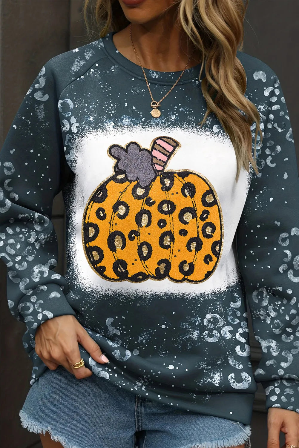 Blue Leopard Pumpkin Ink Plash Printed Halloween Sweatshirt - Chic Meadow Boutique 