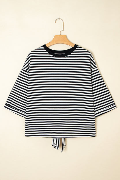 Black Stripe Bowknot Cutout Back Drop Shoulder Wide Bracelet Sleeve Loose Tee