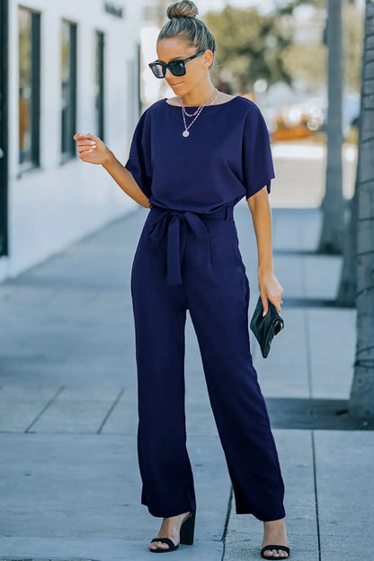 Blue Belted Wide Leg Jumpsuit - Chic Meadow Boutique 