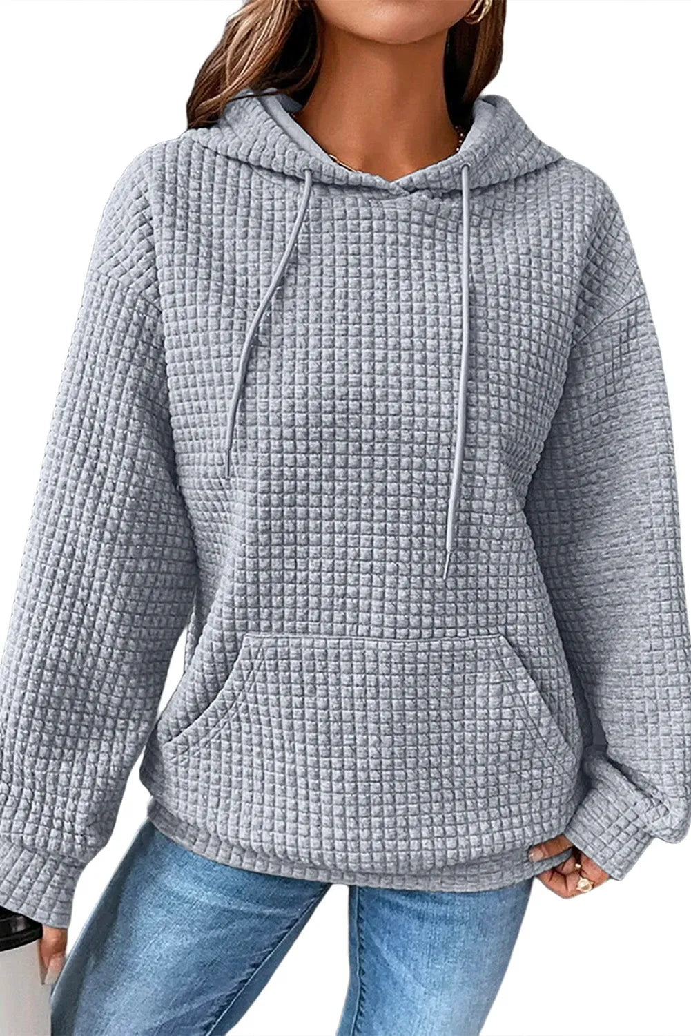 Tops/Sweatshirts & Hoodies Gray Quilted Kangaroo Pocket Drawstring Hoodie