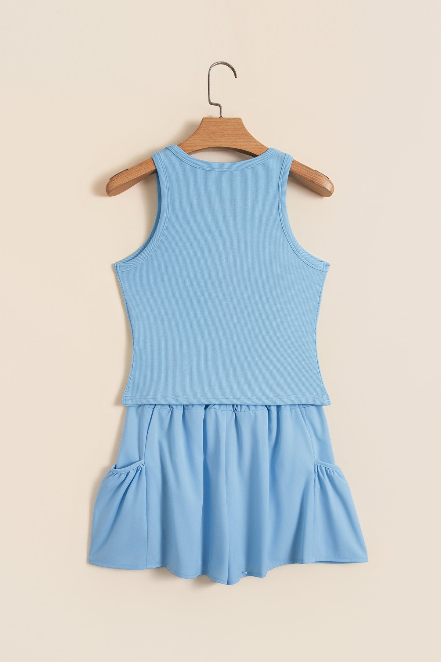 Mist Blue Ribbed Slim Tank Pocketed Wide Leg Shorts Set