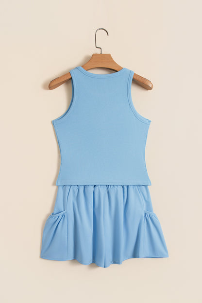 Mist Blue Ribbed Slim Tank Pocketed Wide Leg Shorts Set