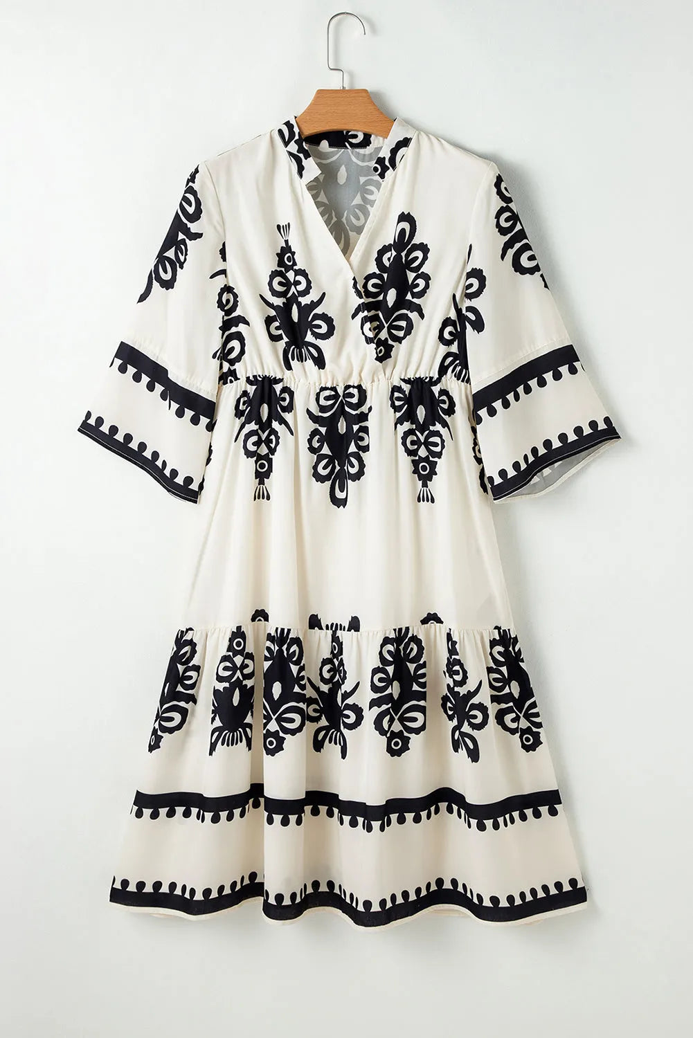 Beige Western Geometric Print 3/4 Sleeve Loose Midi Dress - Chic Meadow Boutique 