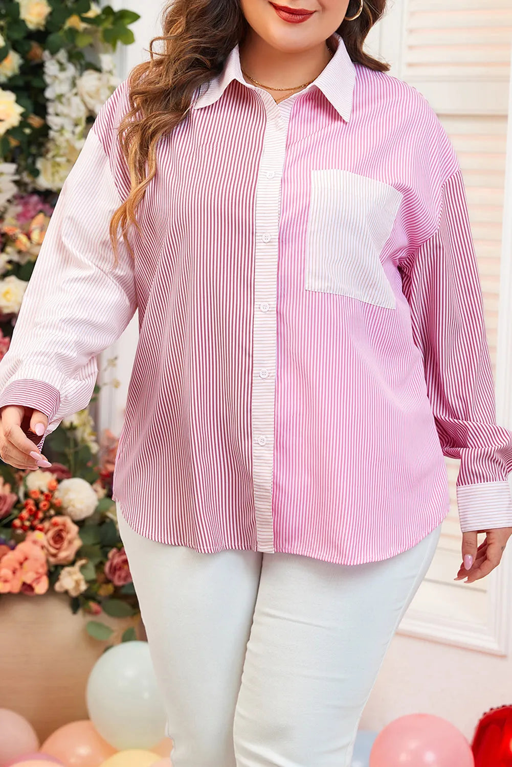 Pink Stripe Print Colorblock Plus Size Shirt - Chic Meadow Boutique 