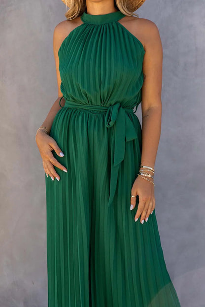 Green Halter Neck Pleated Wide Leg Jumpsuit with Belt - Chic Meadow Boutique 