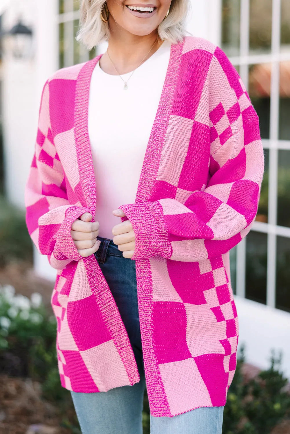 Rose Red Checkered Printed Ribbed Trim Open Front Cardigan - Chic Meadow Boutique 