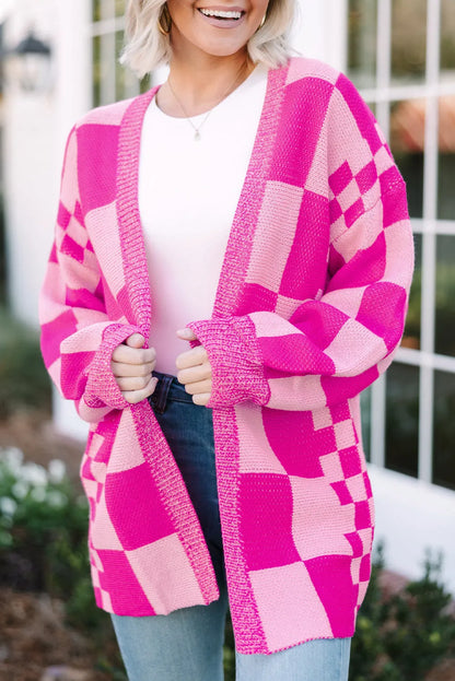 Rose Red Checkered Printed Ribbed Trim Open Front Cardigan - Chic Meadow Boutique 