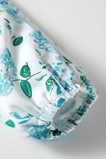 Sky Blue Floral Print Frilled Trim Tie Neck Elastic Cuffs Long Sleeve Blouse