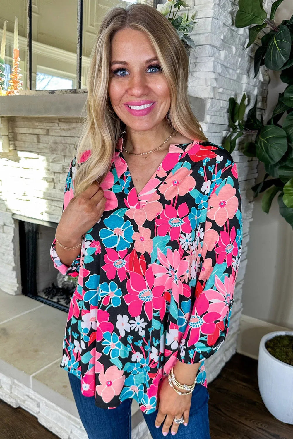 Pink Floral V Neck Roll Tab Sleeve Blouse - Chic Meadow Boutique 