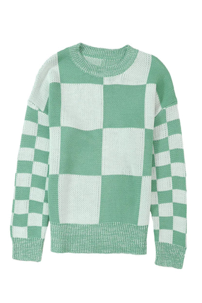 Mint Green Checkered Print Drop Shoulder Sweater - Chic Meadow Boutique 