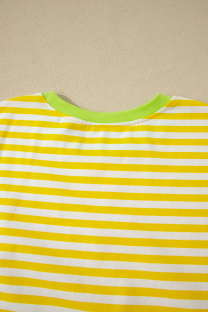 Yellow Stripe Contrast Neck Loose Tee and Drawstring Shorts Set