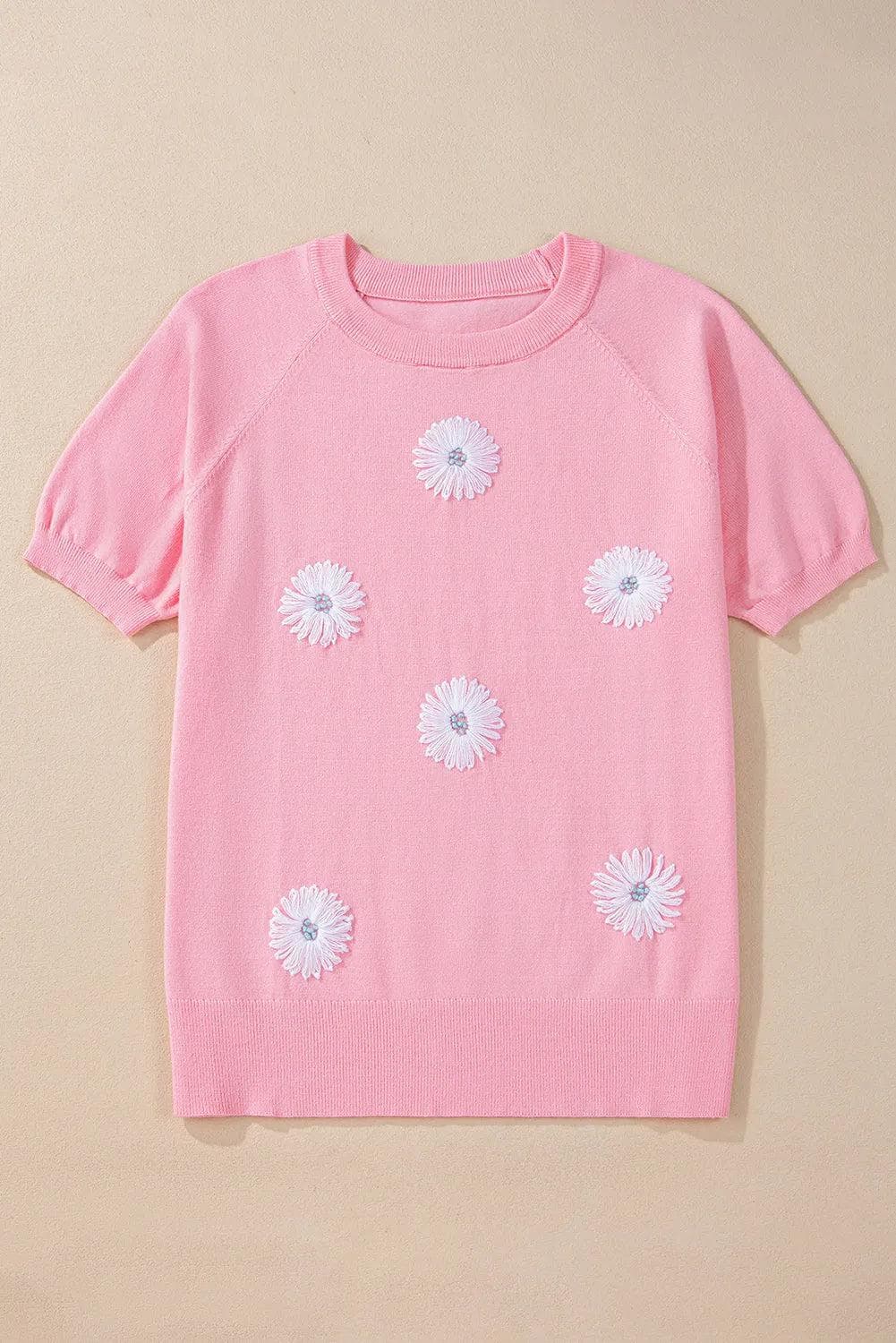 Sweaters & Cardigans/Short Sleeve Sweaters Pink Flower Pattern Short Sleeve Knitted Top