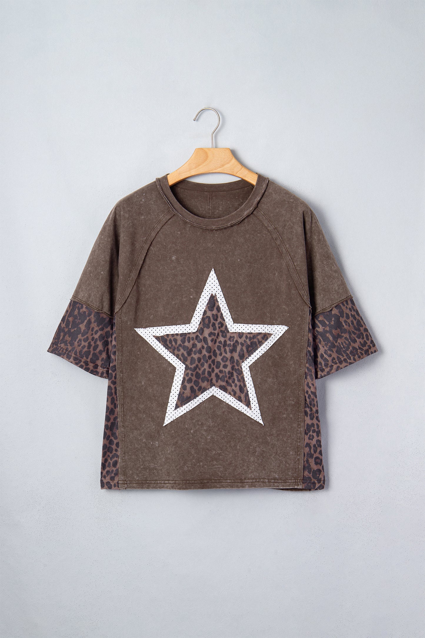 Coffee Mineral Wash Exposed Seam Leopard Star Patched T Shirt
