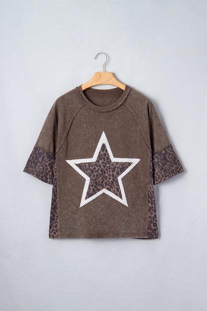 Coffee Mineral Wash Exposed Seam Leopard Star Patched T Shirt