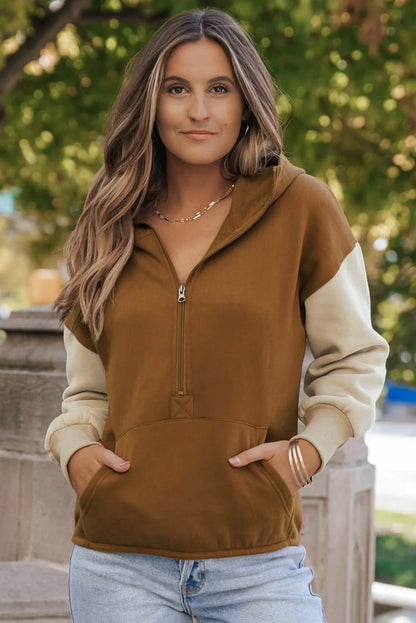 Chestnut Color Block Half Zip Kangaroo Pocketed Hoodie - Chic Meadow Boutique 