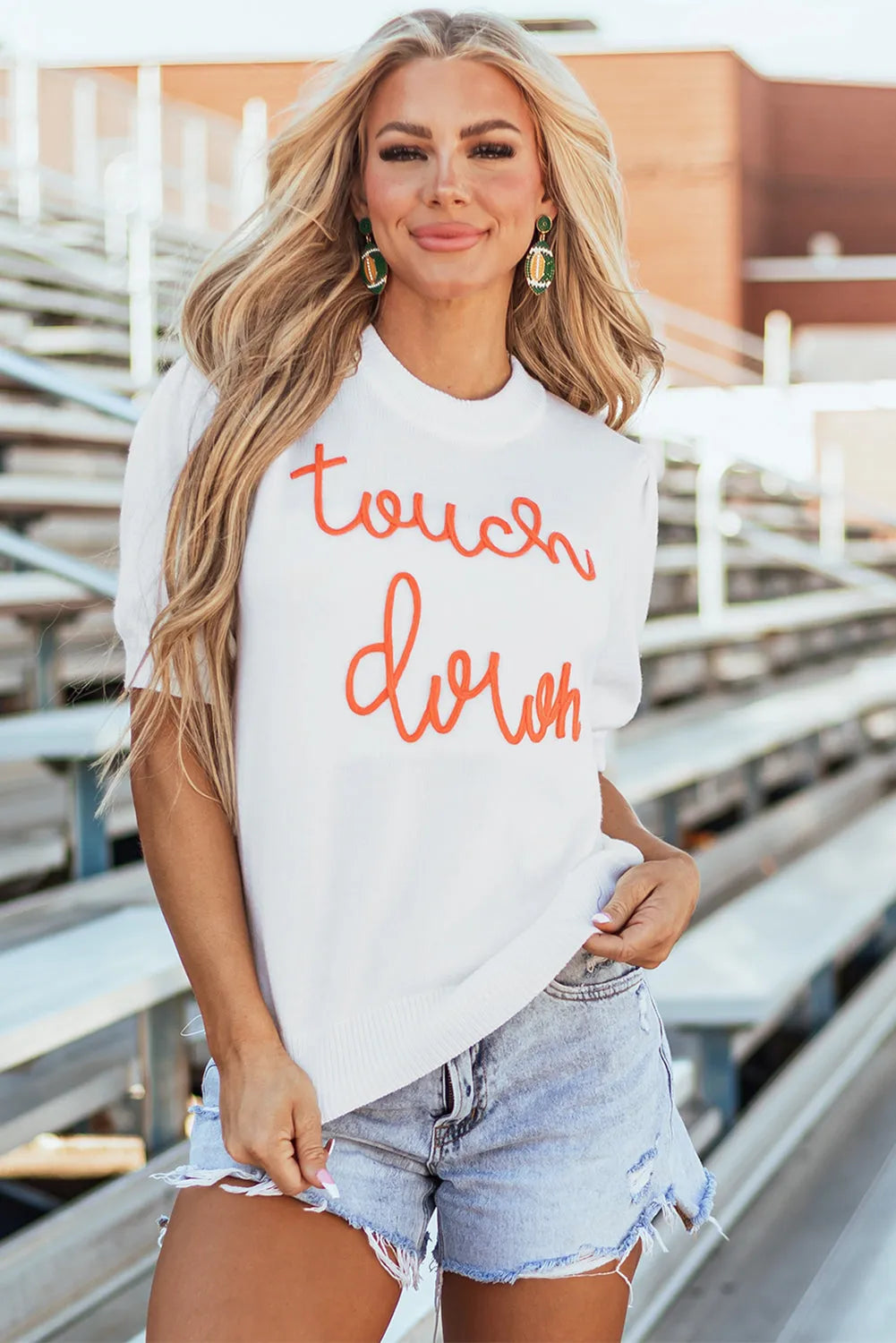 White Touchdown Tinsel Puff Short Sleeve Crew Neck Sweater - Chic Meadow Boutique 