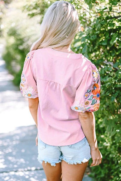 Pink Floral Embroidered Puff Sleeve Split Neck Blouse - Chic Meadow Boutique 